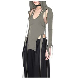 fairy grunge clothes long sleeve hooded crop top y2k aesthetic clothing cyberpunk trendy sexy t shirts for women (gray,one size)