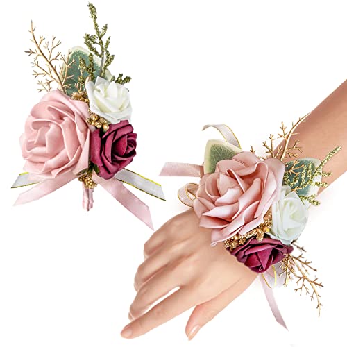 YSOJMAN Blush Pink Wrist Corsage Wristlet and Boutonniere Set for Wedding Bridesmaid Mother Grandmother for Bridal Shower Wedding Artificial Roses Flower Prom