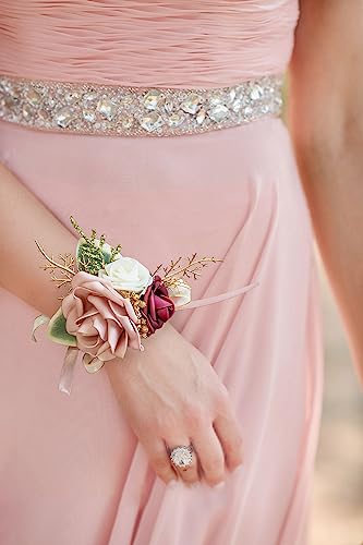 YSOJMAN Blush Pink Wrist Corsage Wristlet and Boutonniere Set for Wedding Bridesmaid Mother Grandmother for Bridal Shower Wedding Artificial Roses Flower Prom