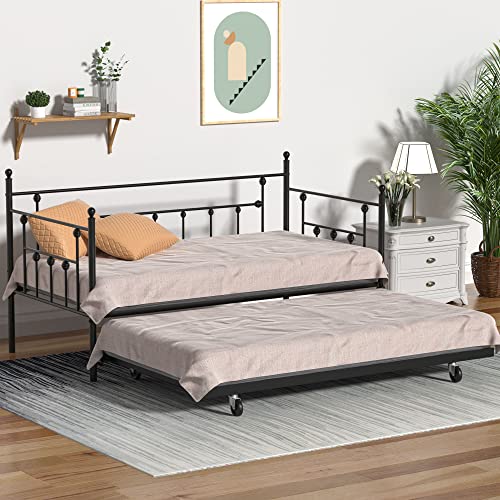 VECELO Daybed Frame, Twin Size Metal Platform Bed with Headboard,Heavy Duty Steel Slats Support for Living Room Bedroom Guest Room, Easy Assembly