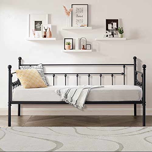 VECELO Daybed Frame, Twin Size Metal Platform Bed with Headboard,Heavy Duty Steel Slats Support for Living Room Bedroom Guest Room, Easy Assembly