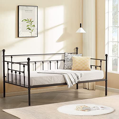 VECELO Daybed Frame, Twin Size Metal Platform Bed with Headboard,Heavy Duty Steel Slats Support for Living Room Bedroom Guest Room, Easy Assembly