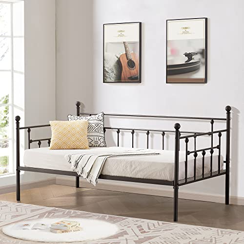 VECELO Daybed Frame, Twin Size Metal Platform Bed with Headboard,Heavy Duty Steel Slats Support for Living Room Bedroom Guest Room, Easy Assembly