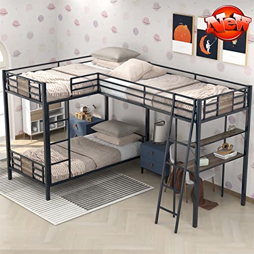 SNIFIT Upgraded Version & Stronger Metal L-Shaped Triple Bunk Bed Twin Over Twin Over Twin with Desk & Storage Shelf & Ladders, Thicken More Stable Black Bunk Bed Twin Size L-Shaped (Faster Assembly)