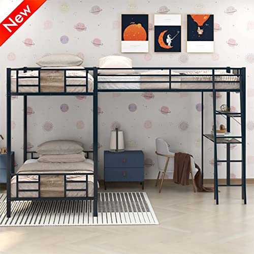 SNIFIT Upgraded Version & Stronger Metal L-Shaped Triple Bunk Bed Twin Over Twin Over Twin with Desk & Storage Shelf & Ladders, Thicken More Stable Black Bunk Bed Twin Size L-Shaped (Faster Assembly)