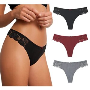 levao cotton thongs for women, sexy lace trim g string panties soft underwear pack of 3,m