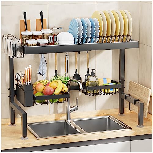 caktraie Home Use Over The Sink Dish Drying Rack with 2 Baskets【Thicker and More Sturdy】 Sturdy Guard Rail Model All-in-one, Kitchen Sink Rack Saving Space, Suitable for Most Family Sinks,26.5"-32.5"