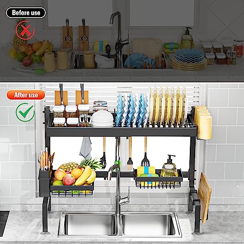 caktraie Home Use Over The Sink Dish Drying Rack with 2 Baskets【Thicker and More Sturdy】 Sturdy Guard Rail Model All-in-one, Kitchen Sink Rack Saving Space, Suitable for Most Family Sinks,26.5"-32.5"