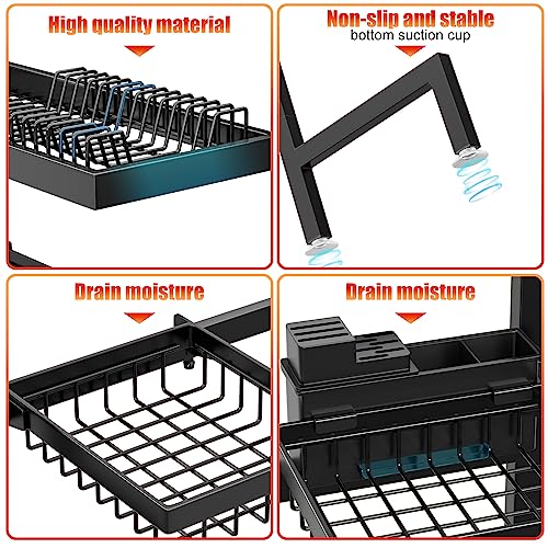 caktraie Home Use Over The Sink Dish Drying Rack with 2 Baskets【Thicker and More Sturdy】 Sturdy Guard Rail Model All-in-one, Kitchen Sink Rack Saving Space, Suitable for Most Family Sinks,26.5"-32.5"