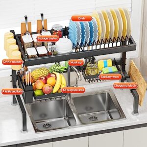 caktraie Home Use Over The Sink Dish Drying Rack with 2 Baskets【Thicker and More Sturdy】 Sturdy Guard Rail Model All-in-one, Kitchen Sink Rack Saving Space, Suitable for Most Family Sinks,26.5"-32.5"