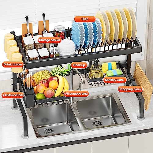 caktraie Home Use Over The Sink Dish Drying Rack with 2 Baskets【Thicker and More Sturdy】 Sturdy Guard Rail Model All-in-one, Kitchen Sink Rack Saving Space, Suitable for Most Family Sinks,26.5"-32.5"