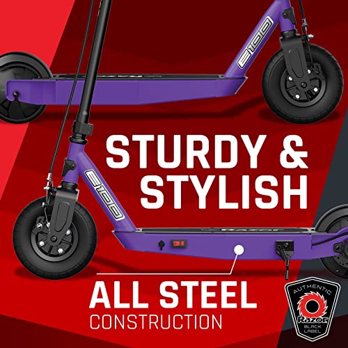 Razor Black Label E100 Electric Scooter for Kids Age 8 and Up, 8" Pneumatic Front Tire, Power Core High-Torque Hub Motor, Up to 10 mph, All-Steel Frame