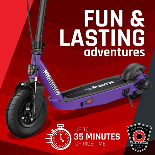 Razor Black Label E100 Electric Scooter for Kids Age 8 and Up, 8" Pneumatic Front Tire, Power Core High-Torque Hub Motor, Up to 10 mph, All-Steel Frame