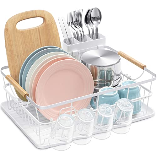 TOOLF Dish Drying Rack, High-Sided Dish Rack for Kitchen Counter, Dish Drainer with Utensil Holder and Drainboard, Small Sink Drainer for Sink, White