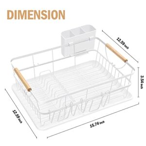 TOOLF Dish Drying Rack, High-Sided Dish Rack for Kitchen Counter, Dish Drainer with Utensil Holder and Drainboard, Small Sink Drainer for Sink, White