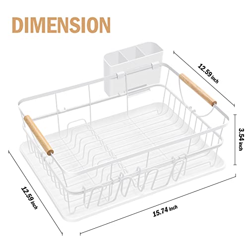 TOOLF Dish Drying Rack, High-Sided Dish Rack for Kitchen Counter, Dish Drainer with Utensil Holder and Drainboard, Small Sink Drainer for Sink, White