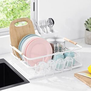TOOLF Dish Drying Rack, High-Sided Dish Rack for Kitchen Counter, Dish Drainer with Utensil Holder and Drainboard, Small Sink Drainer for Sink, White