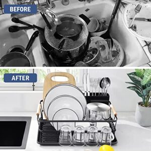 TOOLF Dish Drying Rack, High-Sided Dish Rack for Kitchen Counter, Dish Drainer with Utensil Holder and Drainboard, Small Sink Drainer for Sink, Black