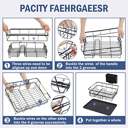 TOOLF Dish Drying Rack, High-Sided Dish Rack for Kitchen Counter, Dish Drainer with Utensil Holder and Drainboard, Small Sink Drainer for Sink, Black