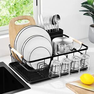 TOOLF Dish Drying Rack, High-Sided Dish Rack for Kitchen Counter, Dish Drainer with Utensil Holder and Drainboard, Small Sink Drainer for Sink, Black