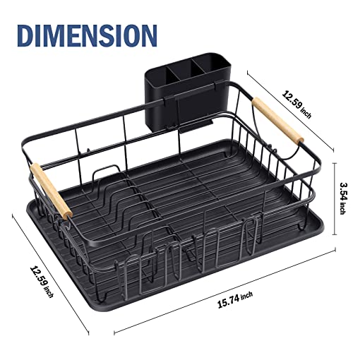 TOOLF Dish Drying Rack, High-Sided Dish Rack for Kitchen Counter, Dish Drainer with Utensil Holder and Drainboard, Small Sink Drainer for Sink, Black