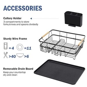 TOOLF Dish Drying Rack, High-Sided Dish Rack for Kitchen Counter, Dish Drainer with Utensil Holder and Drainboard, Small Sink Drainer for Sink, Black