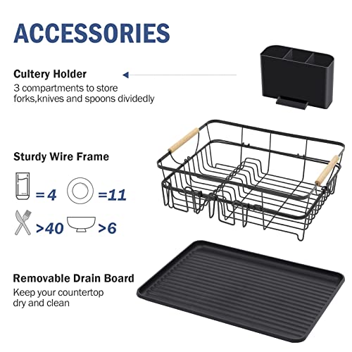 TOOLF Dish Drying Rack, High-Sided Dish Rack for Kitchen Counter, Dish Drainer with Utensil Holder and Drainboard, Small Sink Drainer for Sink, Black