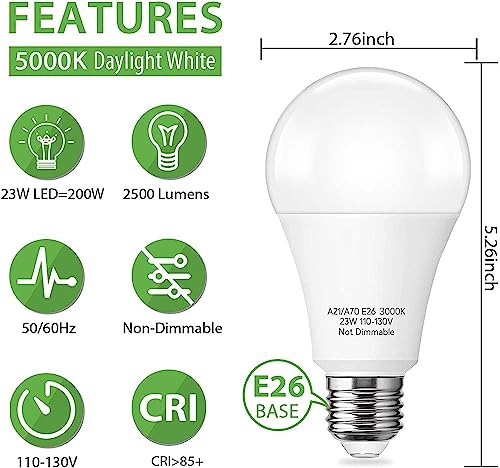 150-200W Equivalent LED Light Bulb, A21 23W Bright LED Bulb 2500 Lumens, Daylight White 5000K E26 Base Light Bulbs for Home, Office, Store, Garage, Warehouse, Garden, Commercial Lighting, 8 Pack