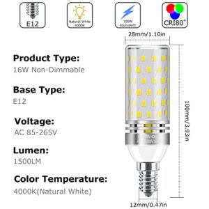 16W E12 LED Corn Bulbs, 1500LM Natural White 4000K Candelabra Light Bulbs, 100W Equivalent, E12 Base LED Chandelier Bulbs, Non-Dimmable LED Lamp, 4Pack