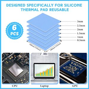 Frienda 6 Pcs Thermal Pad 100 x 100 mm, 0.5 mm, 1 mm, 1.5 mm, 2 mm, 2.5 mm, 3 mm Heat Resistant Conductive Silicone Pad Thermal Pads Conductivity 6.0 W/M for Laptop Heatsink CPU GPU SSD IC LED Cooler