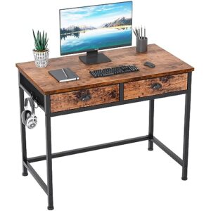 Furologee Computer Desk with 2 Fabric Drawers, Small Home Office Writing Desk, Vanity Desk with Hooks, Simple Study Desk for Small Spaces, Makeup Dressing Table, Rustic Brown