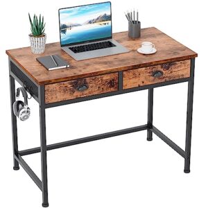 furologee computer desk with 2 fabric drawers, small home office writing desk, vanity desk with hooks, simple study desk for small spaces, makeup dressing table, rustic brown