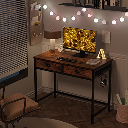 Furologee Computer Desk with 2 Fabric Drawers, Small Home Office Writing Desk, Vanity Desk with Hooks, Simple Study Desk for Small Spaces, Makeup Dressing Table, Rustic Brown