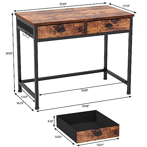 Furologee Computer Desk with 2 Fabric Drawers, Small Home Office Writing Desk, Vanity Desk with Hooks, Simple Study Desk for Small Spaces, Makeup Dressing Table, Rustic Brown