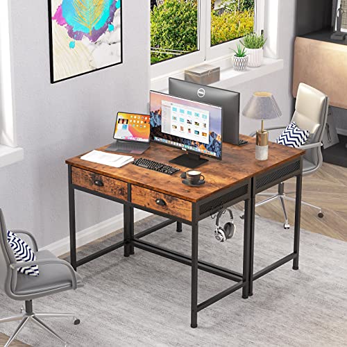 Furologee Computer Desk with 2 Fabric Drawers, Small Home Office Writing Desk, Vanity Desk with Hooks, Simple Study Desk for Small Spaces, Makeup Dressing Table, Rustic Brown