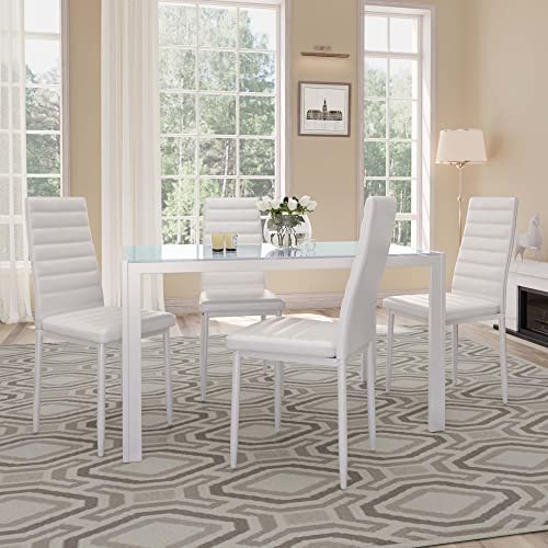 Gizoon 5 Piece Glass Dining Table Set, Kitchen Table and Chairs for 4, PU Leather Modern Dining Room Sets for Home, Kitchen, Dining Room (White)