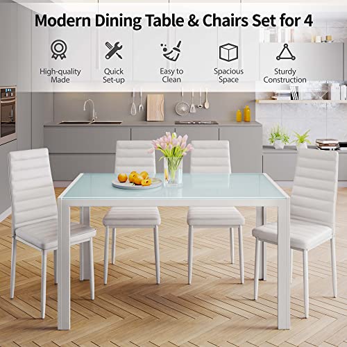 Gizoon 5 Piece Glass Dining Table Set, Kitchen Table and Chairs for 4, PU Leather Modern Dining Room Sets for Home, Kitchen, Dining Room (White)