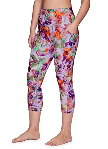 RBX Capri Legging for Women Running Capri with Pockets Printed Cropped Workout Legging High Waist Floral Yoga Tights Squat Proof Floral Legging Ultra Hold Buttery Soft Capris Tropical Dream M