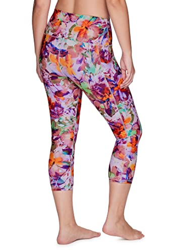 RBX Capri Legging for Women Running Capri with Pockets Printed Cropped Workout Legging High Waist Floral Yoga Tights Squat Proof Floral Legging Ultra Hold Buttery Soft Capris Tropical Dream M