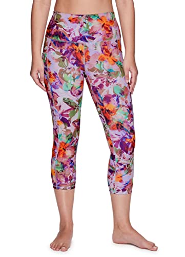 RBX Capri Legging for Women Running Capri with Pockets Printed Cropped Workout Legging High Waist Floral Yoga Tights Squat Proof Floral Legging Ultra Hold Buttery Soft Capris Tropical Dream M