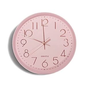justup round wall clock, 12 inch pink large wall clock for bedroom, quality quartz modern silent clock with battery operated, arabic quiet wall clock decor for home kitchen living room office (pink)