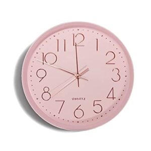 JUSTUP Round Wall Clock, 12 Inch Pink Large Wall Clock for Bedroom, Quality Quartz Modern Silent Clock with Battery Operated, Arabic Quiet Wall Clock Decor for Home Kitchen Living Room Office (Pink)