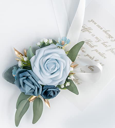 YSOJMAN Set of 2 Wrist Corsage Wristlet for Wedding Bridesmaid Mother Grandmother for Bridal Shower Wedding Artificial Roses Flower Prom (Dusty Blue)