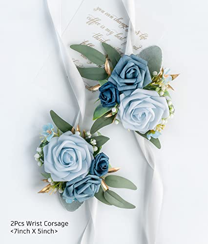 YSOJMAN Set of 2 Wrist Corsage Wristlet for Wedding Bridesmaid Mother Grandmother for Bridal Shower Wedding Artificial Roses Flower Prom (Dusty Blue)