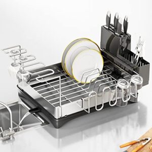 dish drying rack, stainless steel dish rack large dish racks for kitchen counter with drainboard rustproof dish drainers with utensil holder knives spoons and fork fingerprint-proof