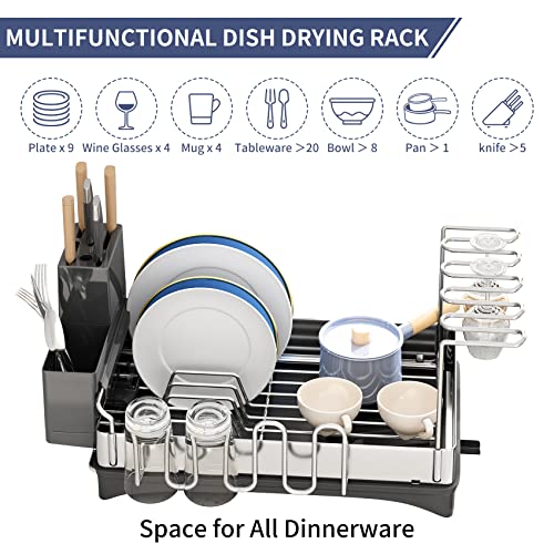 Dish Drying Rack, Stainless Steel Dish Rack Large Dish Racks for Kitchen Counter with Drainboard Rustproof Dish Drainers with Utensil Holder Knives Spoons and Fork Fingerprint-Proof