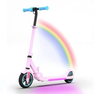 electric scooter for kids, 3 gear speed mode up to 10mph 7" solid tire led rainbow light 150w motor 2.5ah battery lightweight foldable electric kick scooter kids ages 6-15 (sakura pink)