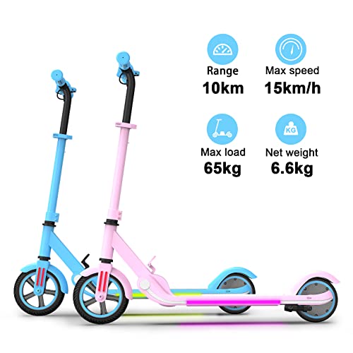 Electric Scooter for Kids, 3 Gear Speed Mode Up to 10mph 7" Solid Tire LED Rainbow Light 150w Motor 2.5ah Battery Lightweight Foldable Electric Kick Scooter Kids Ages 6-15 (Sakura Pink)