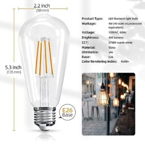 Jensense Edison Bulb E26 LED Bulb 40 Watt Equivalent Dimmable Light Bulbs Soft Warm White 2700K 4W 450 Lumens 90Ra LED Filament Clear Glass, 6 Pack