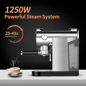 ILAVIE Espresso Coffee Machine, 20 Bar Espresso Machine with Steamer, Compact Espresso Maker with Milk Frother for Home, Stainless Steel Cappuccino Machine for Cappuccino, Latte, 1250W